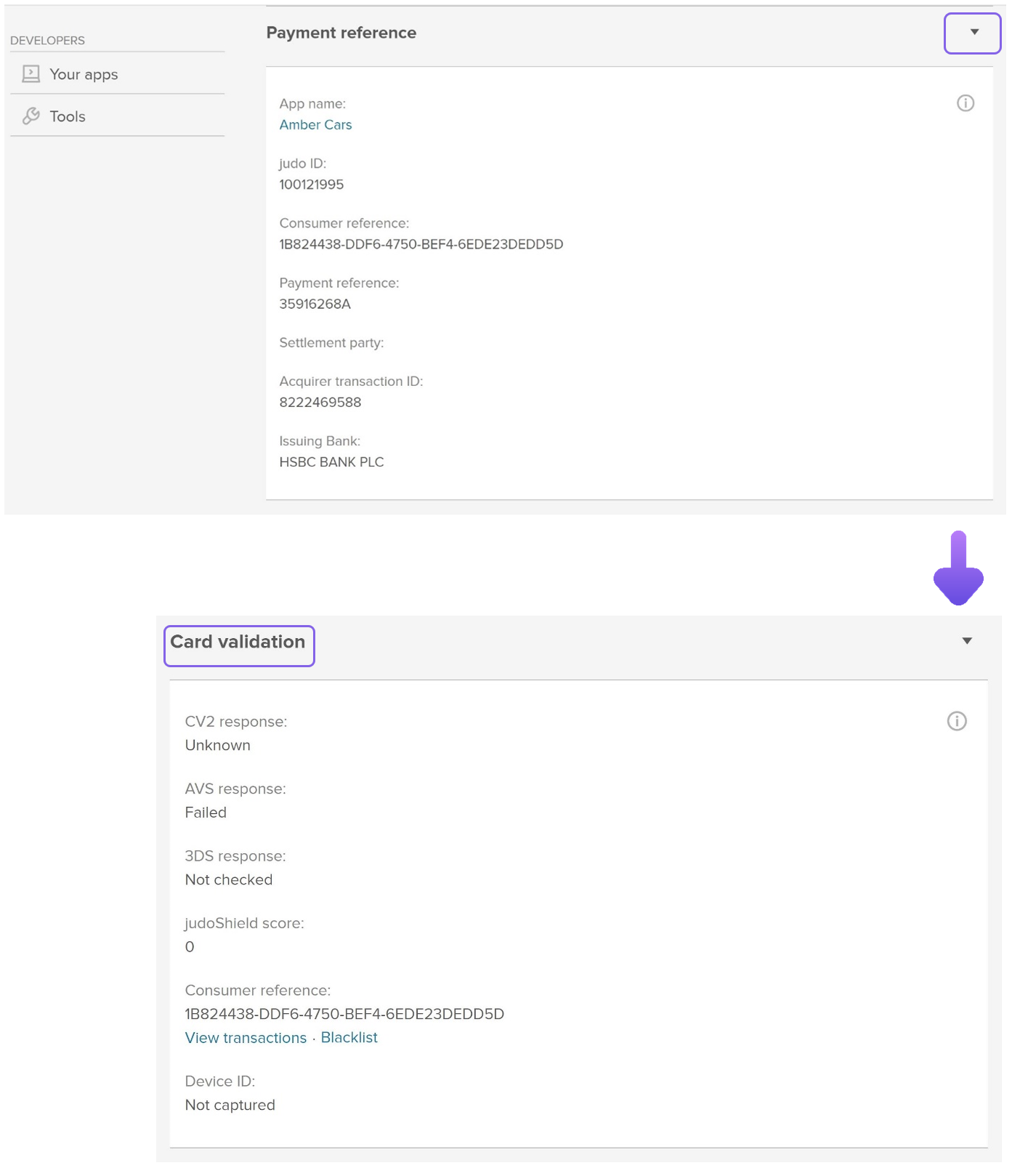 Viewing card validation details. Judopay